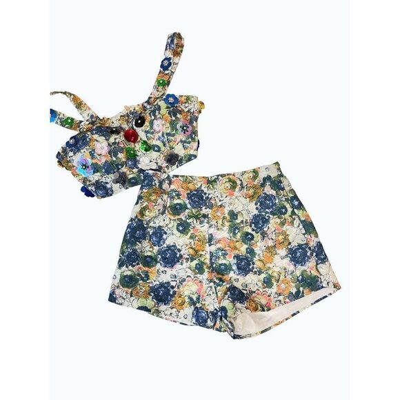 Nichole Lynel Sequin Floral Shorts Midrif Top Outfit Small - Picture 2 of 8